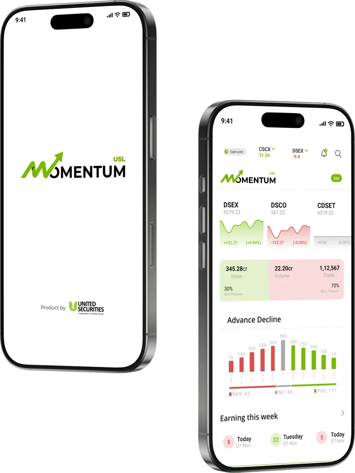 USL Momentum app showing splash and live markets dashboard side-by-side
