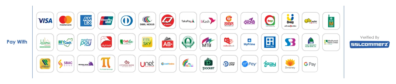 Accepted payment methods, verified by SSLCOMMERZ — Visa, Mastercard, AMEX, UnionPay, bKash, Nagad, Rocket, and more