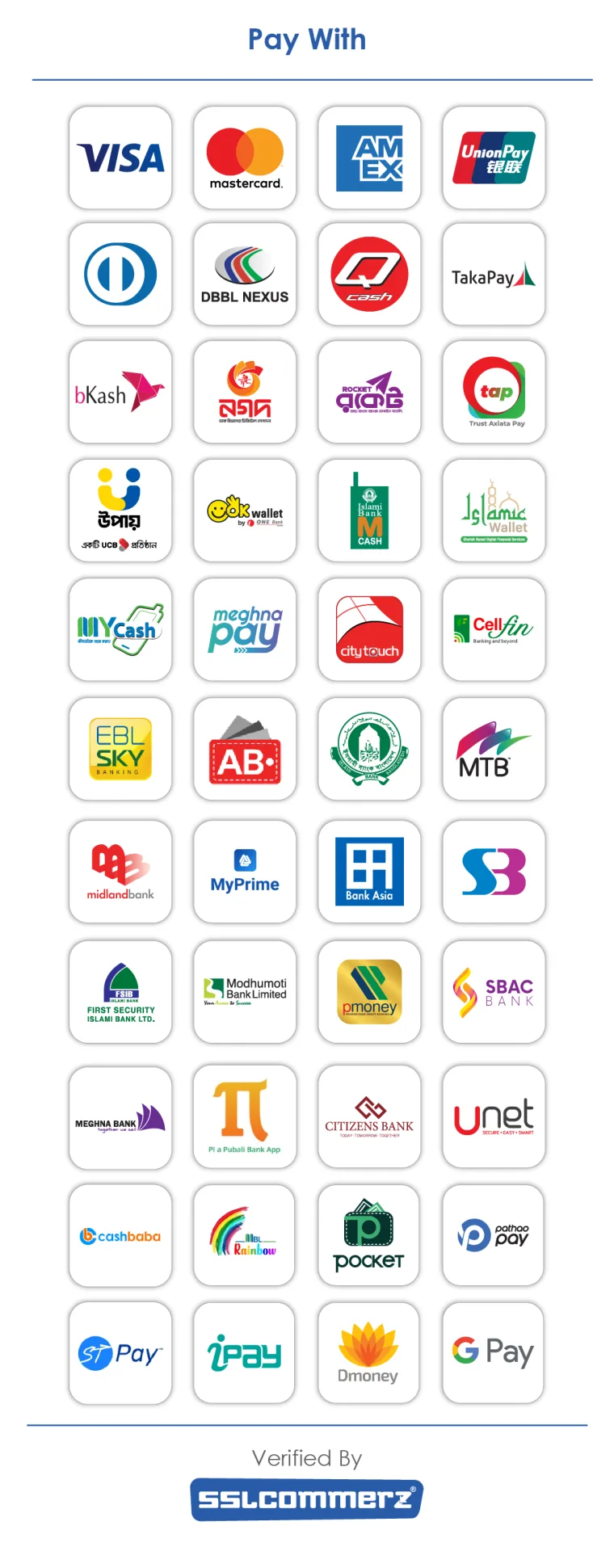 Accepted payment methods, verified by SSLCOMMERZ — Visa, Mastercard, AMEX, UnionPay, bKash, Nagad, Rocket, and more